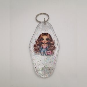 Clear Glitter Vintage Styled Motel Keychain Keyring with Fashion Doll Design